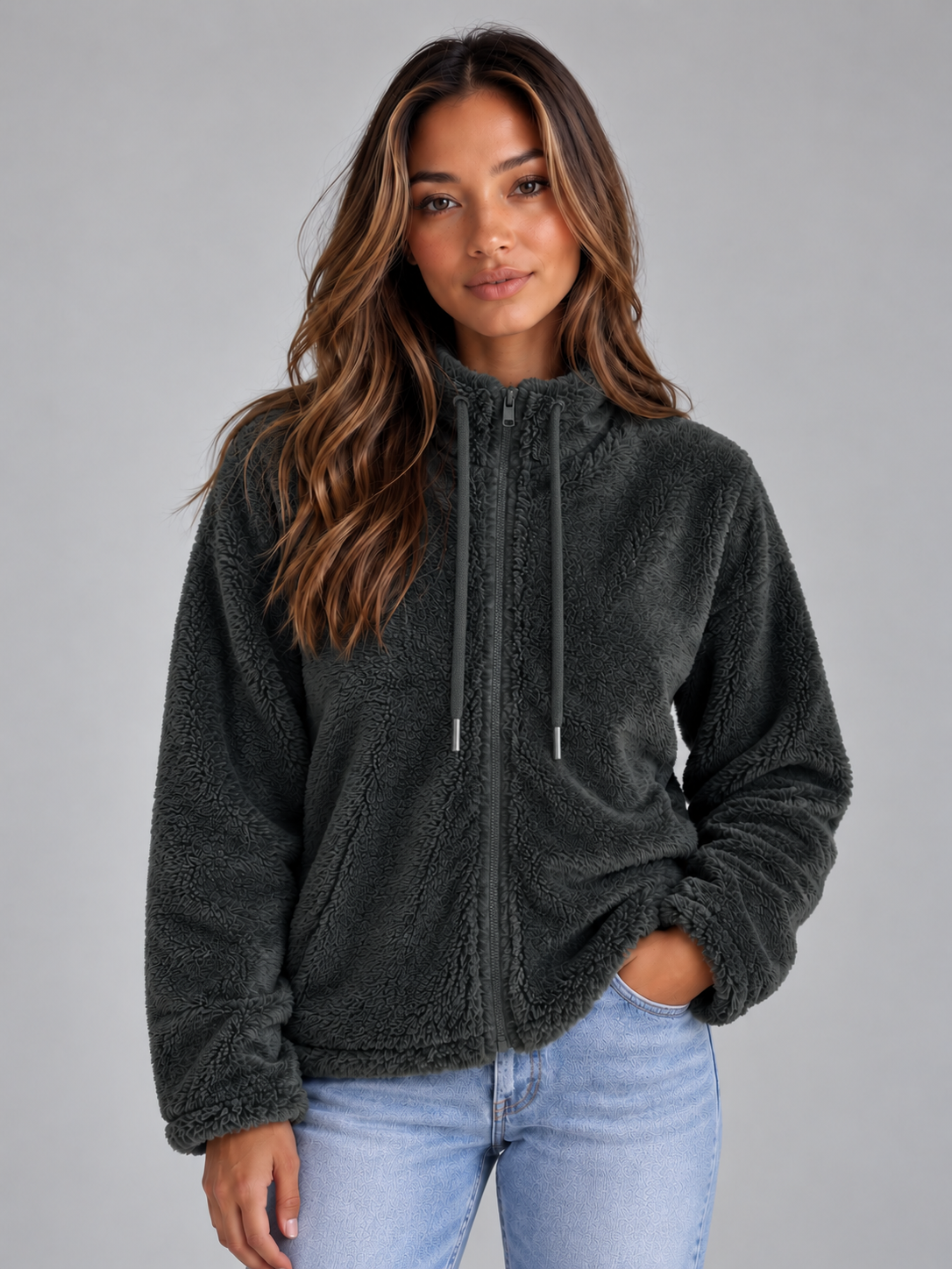 Cozy | Women's Soft High Neck Zip-Up Teddy Fleece Jacket