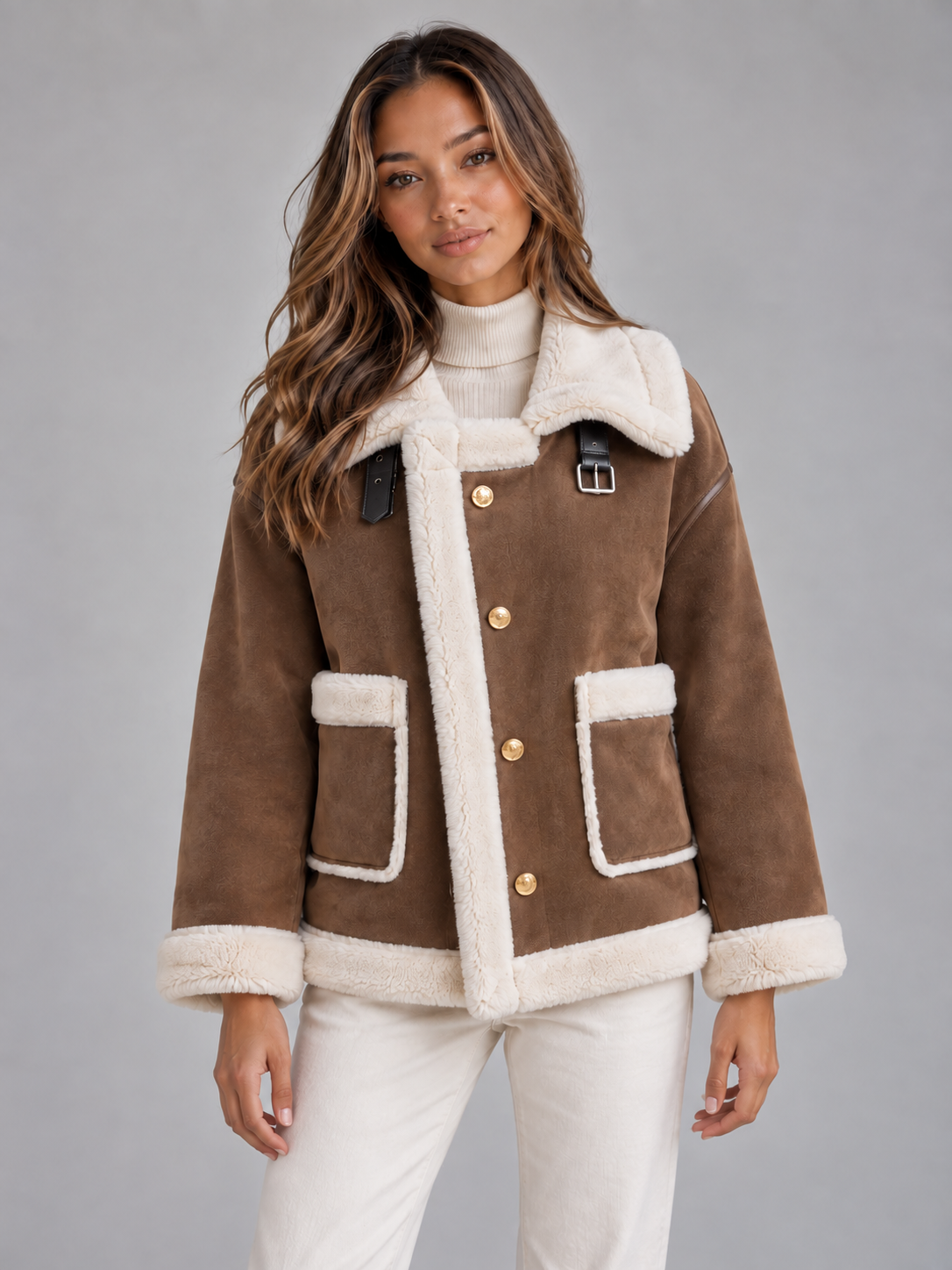Women's Aviator Style Faux Shearling Suede Look Jacket