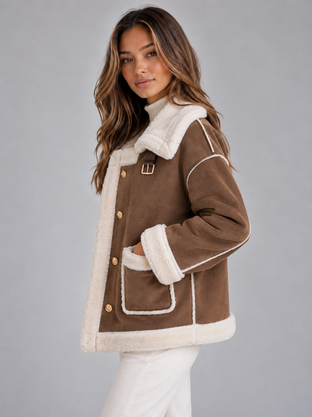 Women's Aviator Style Faux Shearling Suede Look Jacket
