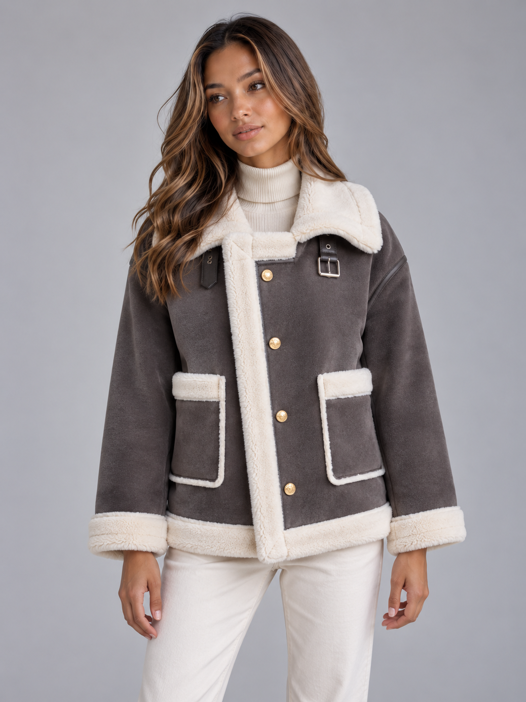 Women's Aviator Style Faux Shearling Suede Look Jacket