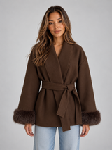 Women's Faux Fur Cuff Belted Wrap Coat Short Jacket