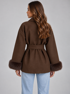 Women's Faux Fur Cuff Belted Wrap Coat Short Jacket