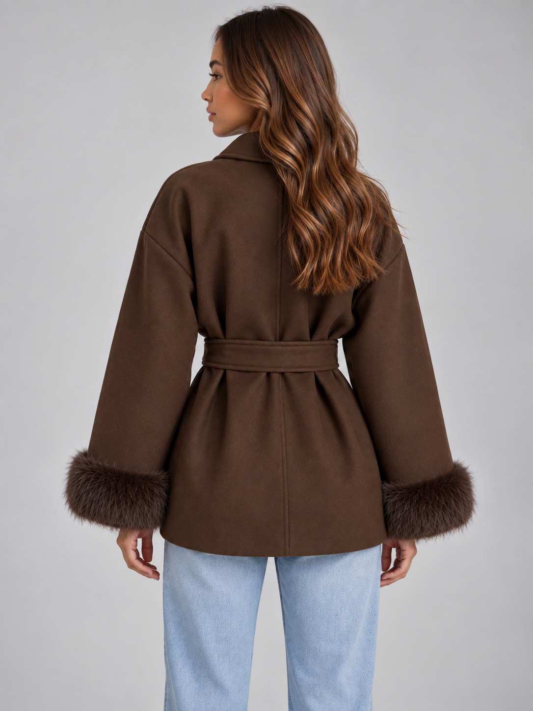 Women's Faux Fur Cuff Belted Wrap Coat Short Jacket