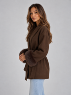 Women's Faux Fur Cuff Belted Wrap Coat Short Jacket