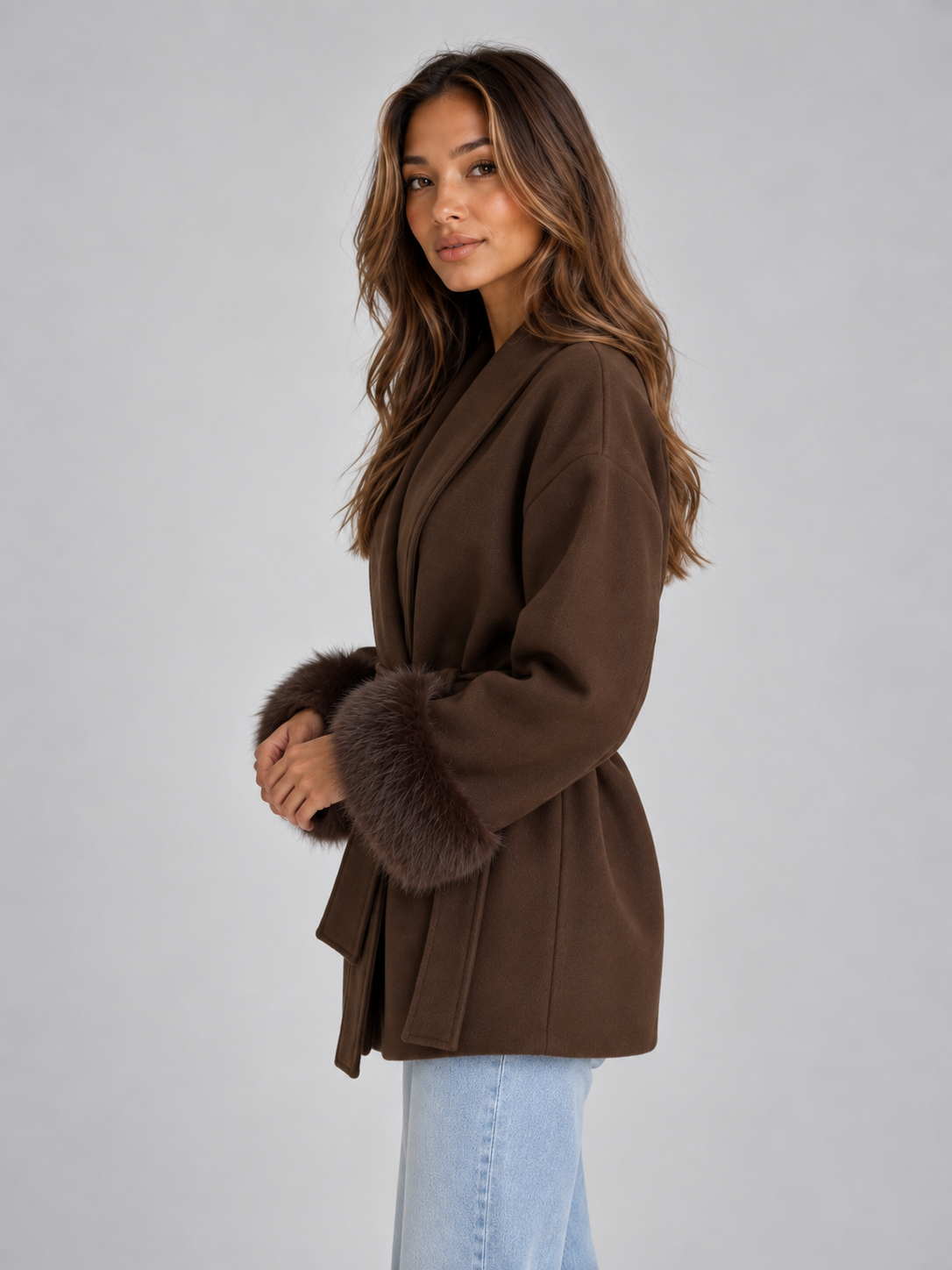 Women's Faux Fur Cuff Belted Wrap Coat Short Jacket
