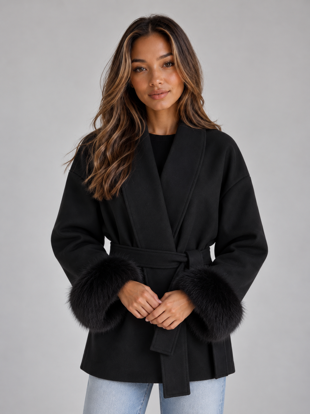 Women's Faux Fur Cuff Belted Wrap Coat Short Jacket