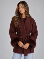 Women's Faux Fur Cuff Belted Wrap Coat Short Jacket