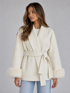 Women's Faux Fur Cuff Belted Wrap Coat Short Jacket
