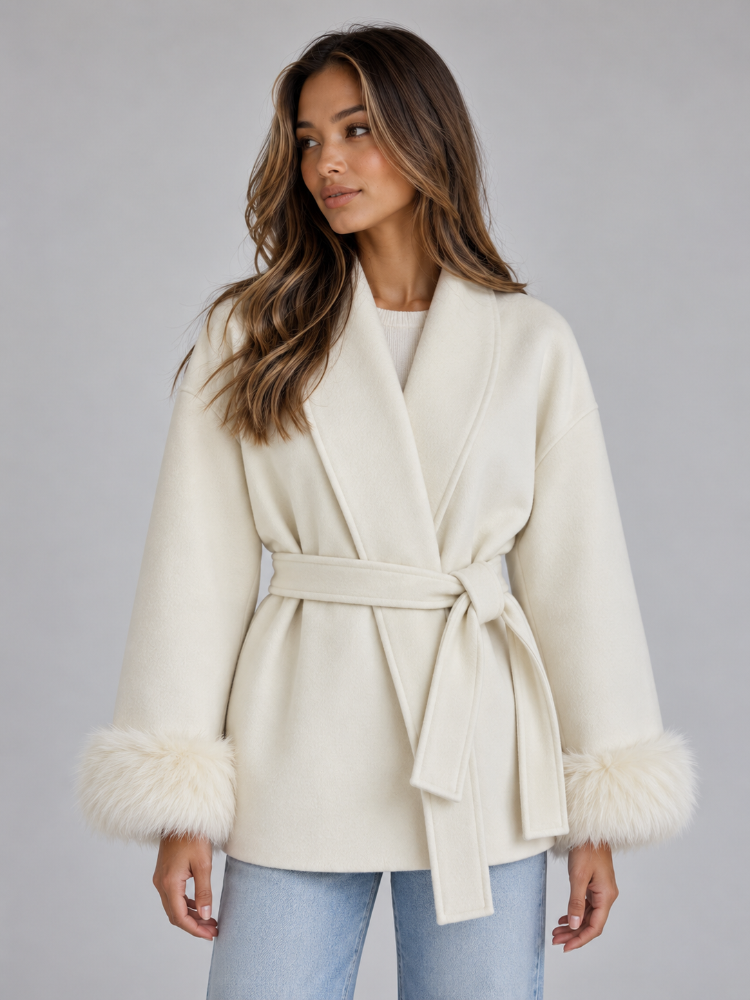 Women's Faux Fur Cuff Belted Wrap Coat Short Jacket