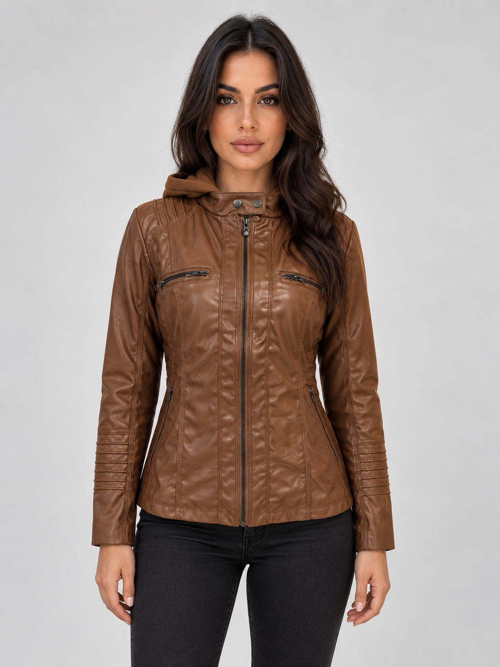 Women's Fitted Hooded Leather Biker Zip-Up Jacket