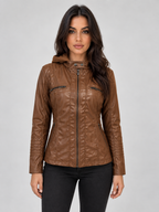 Women's Fitted Hooded Leather Biker Zip-Up Jacket