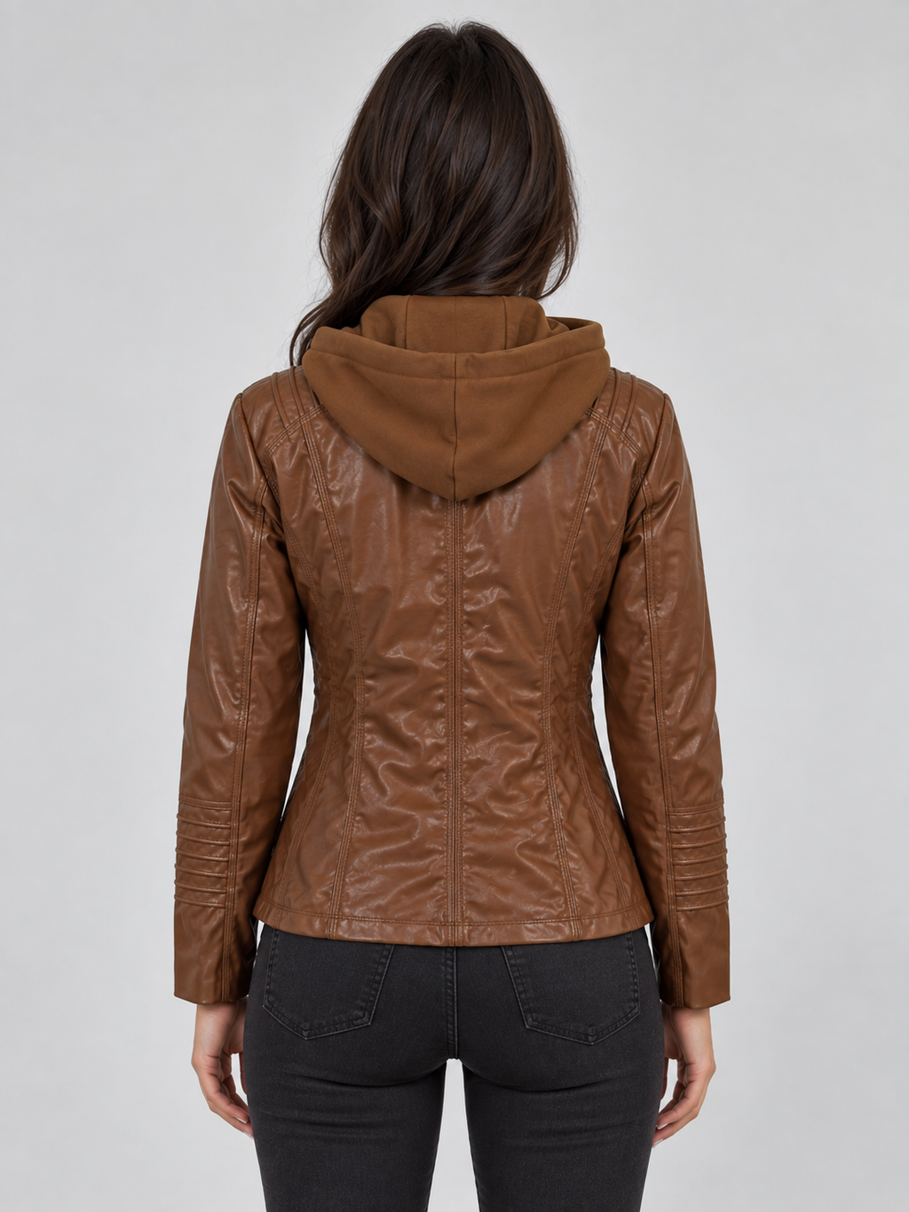 Women's Fitted Hooded Leather Biker Zip-Up Jacket