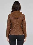 Women's Fitted Hooded Leather Biker Zip-Up Jacket