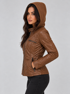 Women's Fitted Hooded Leather Biker Zip-Up Jacket