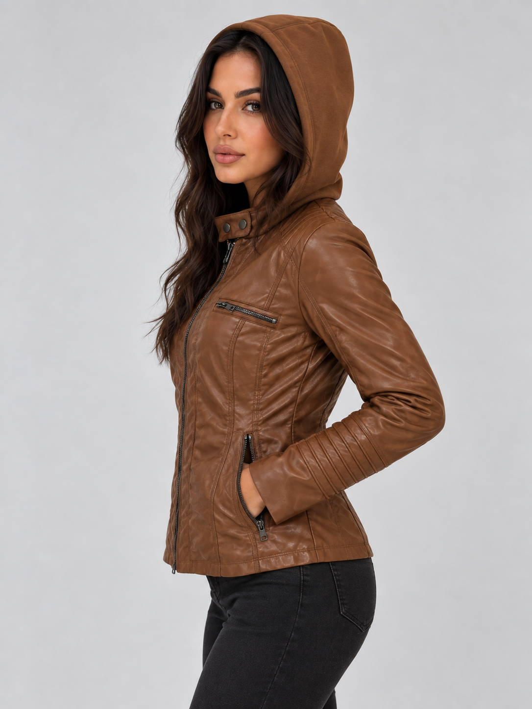 Women's Fitted Hooded Leather Biker Zip-Up Jacket