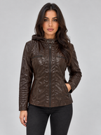 Women's Fitted Hooded Leather Biker Zip-Up Jacket