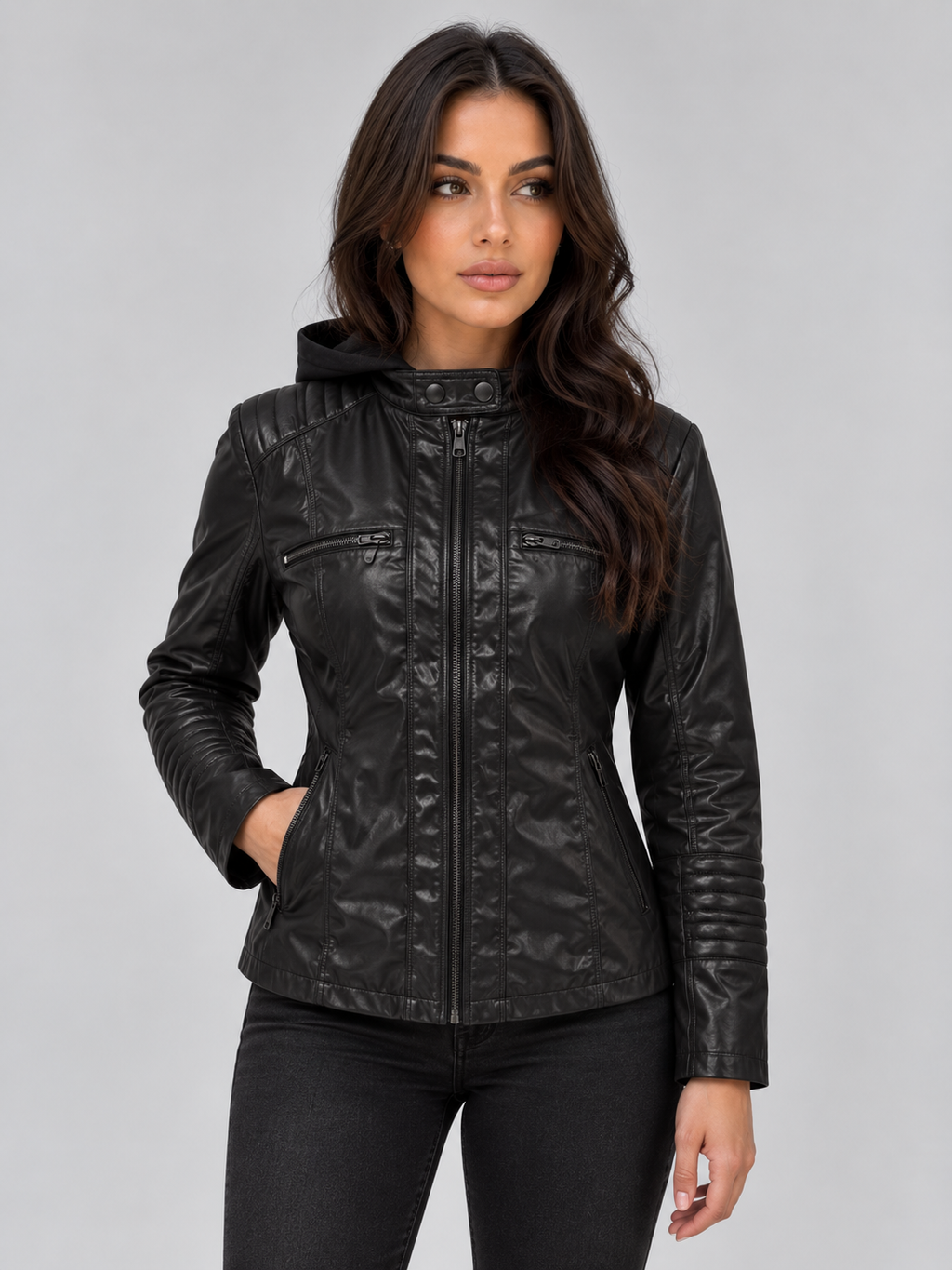 Women's Fitted Hooded Leather Biker Zip-Up Jacket